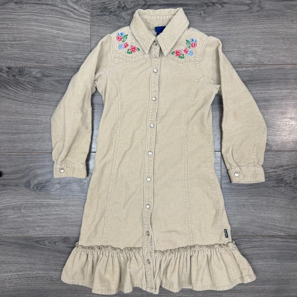 OshKosh Pearl Snap Floral Embroidered Beige Corduroy Dress Girls Size 4‎ Y2K